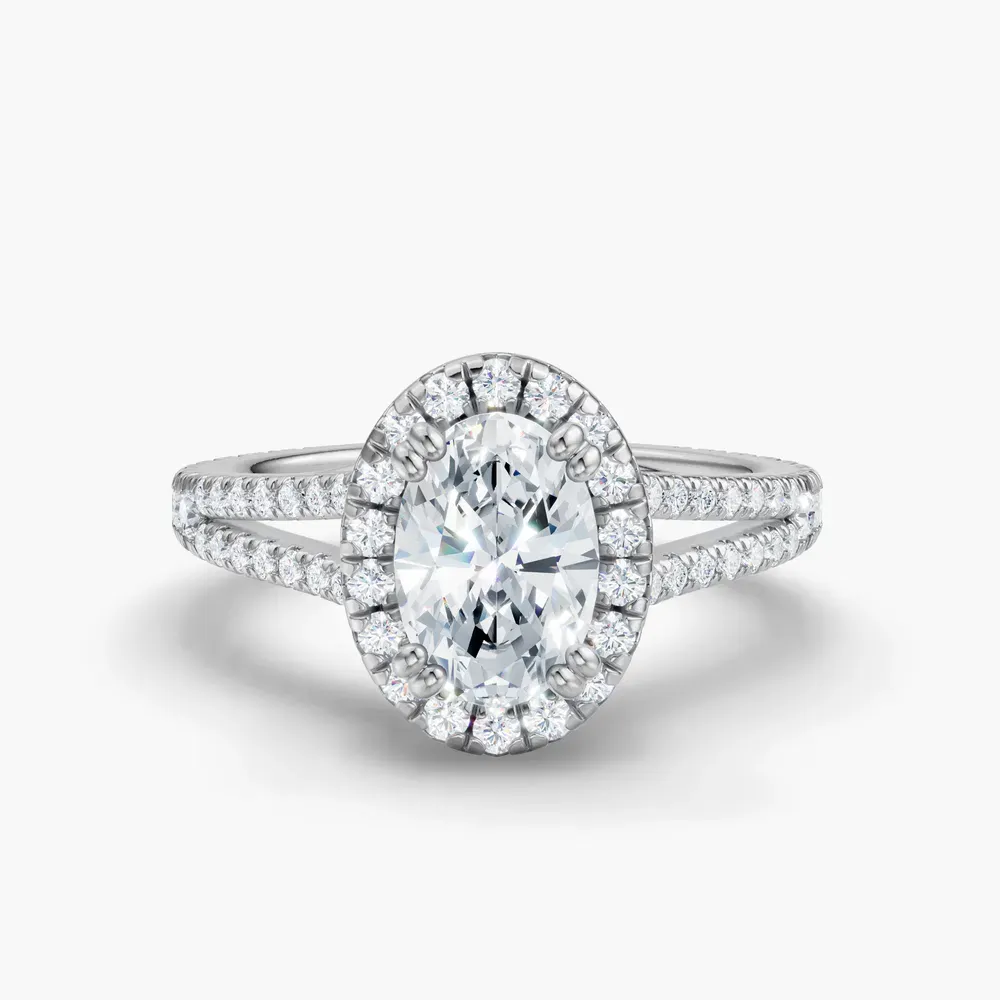 Certified 1 carat Lab Grown Diamond Oval Cut Pavé, Halo, Cathedral Engagement Ring in 14K White Gold-Gexis