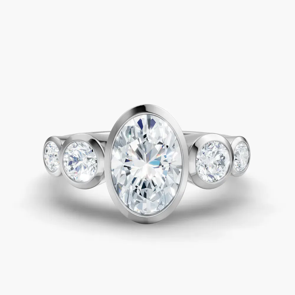 Certified 1 carat Lab Grown Diamond Oval Cut Five Stone, Milgrain, Bezel Engagement Ring in 14K White Gold-Sole