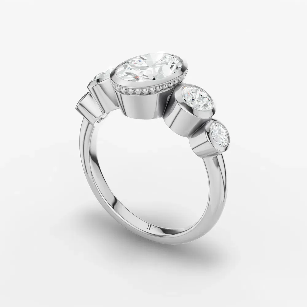Certified 1 carat Lab Grown Diamond Oval Cut Five Stone, Milgrain, Bezel Engagement Ring in 14K White Gold-Sole