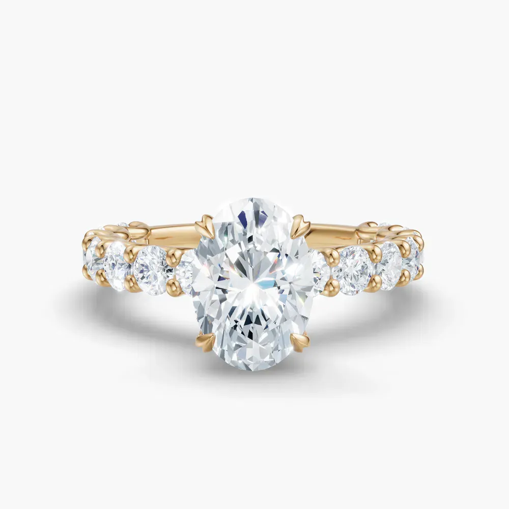 Certified 1 carat Lab Grown Diamond Oval Cut Hidden Halo, Side Stone Engagement Ring in 14K Yellow Gold-Miro
