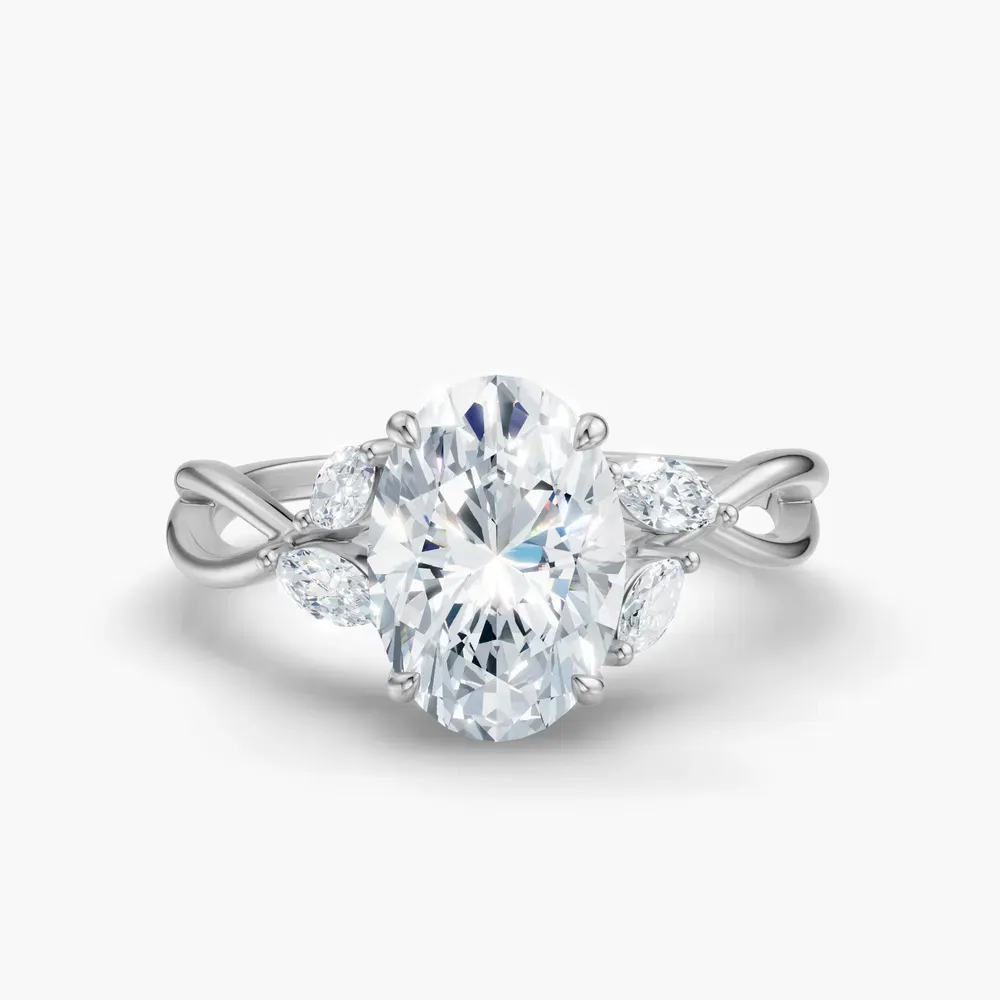 Certified 1 carat Lab Grown Diamond Oval Cut Twist, Split Shank, Side Stone Engagement Ring in 14K White Gold-Mena