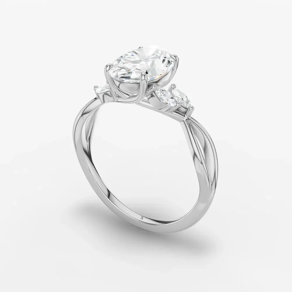 Certified 1 carat Lab Grown Diamond Oval Cut Twist, Split Shank, Side Stone Engagement Ring in 14K White Gold-Mena