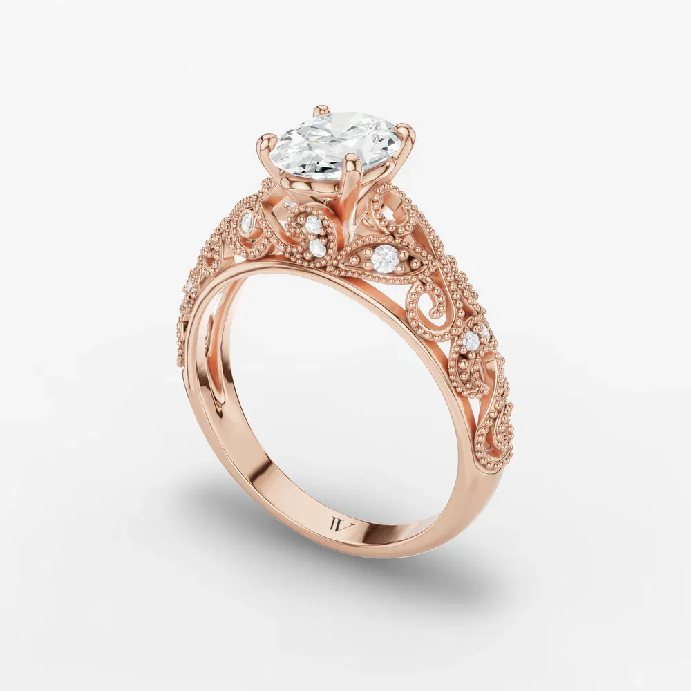 Certified 1 carat Lab Grown Diamond Oval Cut Vintage, Milgrain, Filigree Engagement Ring in 14K Rose Gold-Jaxen