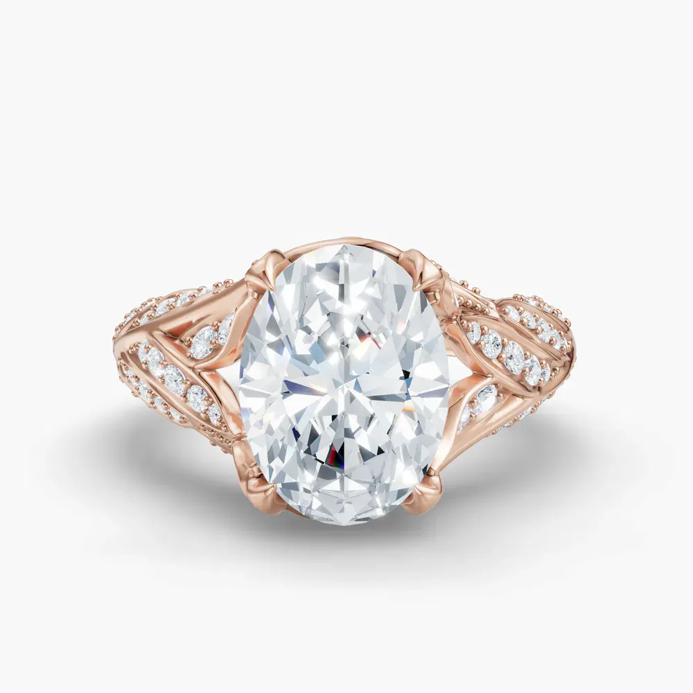 Certified 2 carat Lab Grown Diamond Oval Cut Nature inspired, Pavé Engagement Ring in 14K Rose Gold-Rift