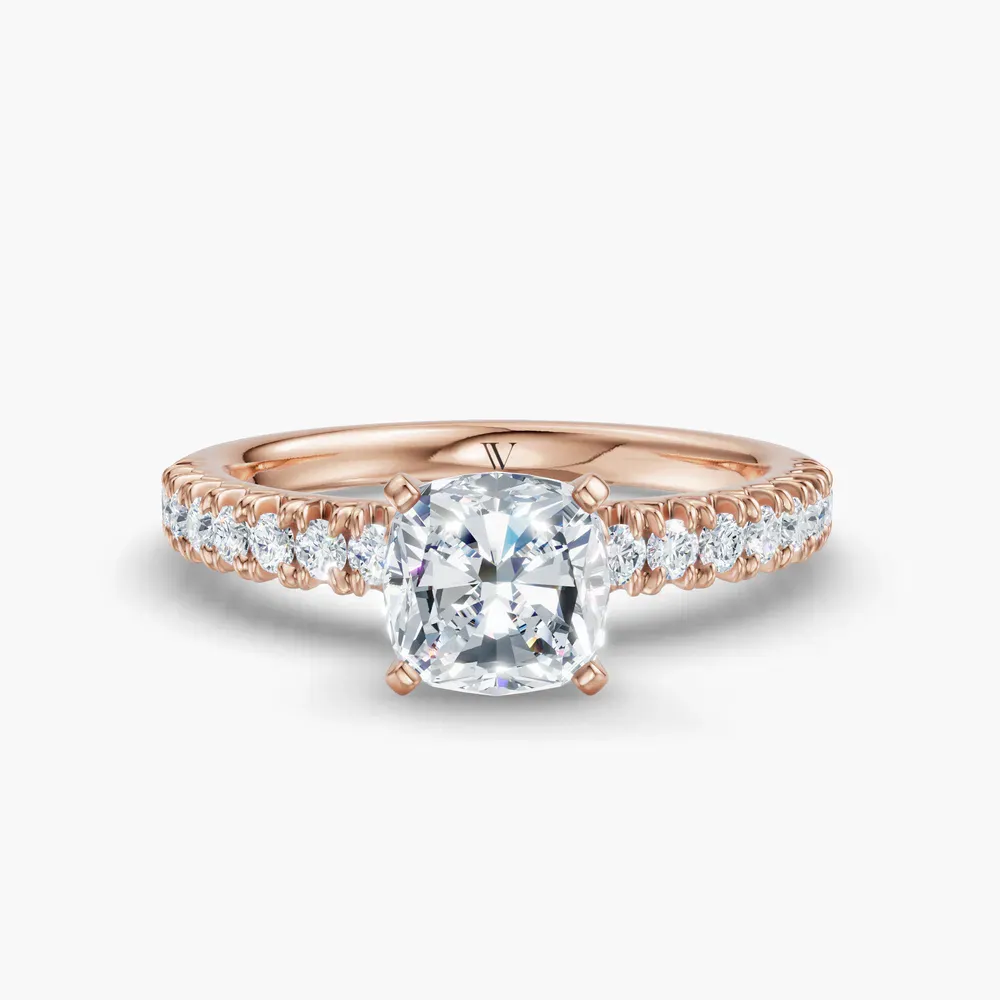 Certified 1 carat Lab Grown Diamond Cushion Cut Pavé, Classic, Simple Engagement Ring in 14K Rose Gold-Nela