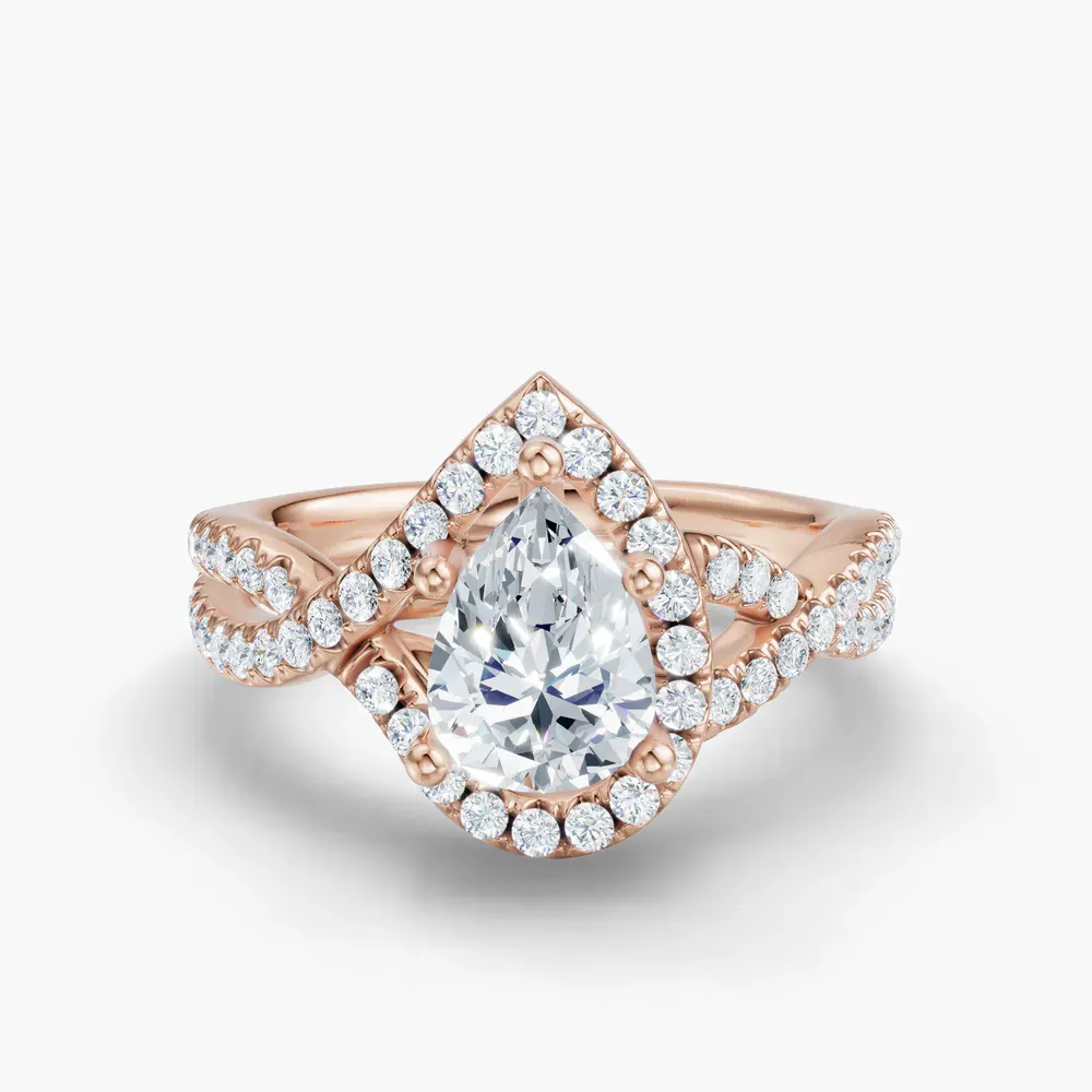 Certified 1 carat Lab Grown Diamond Pear Cut Unique, Pavé, Halo Engagement Ring in 14K Rose Gold-Stellune