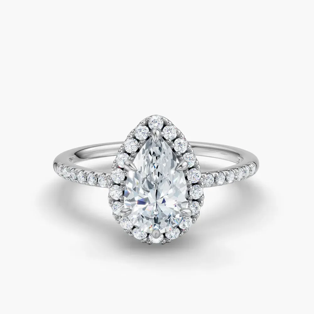 Certified 1 carat Lab Grown Diamond Pear Cut Halo, Pavé, Classic Engagement Ring in 14K White Gold-Elite Vaelumette