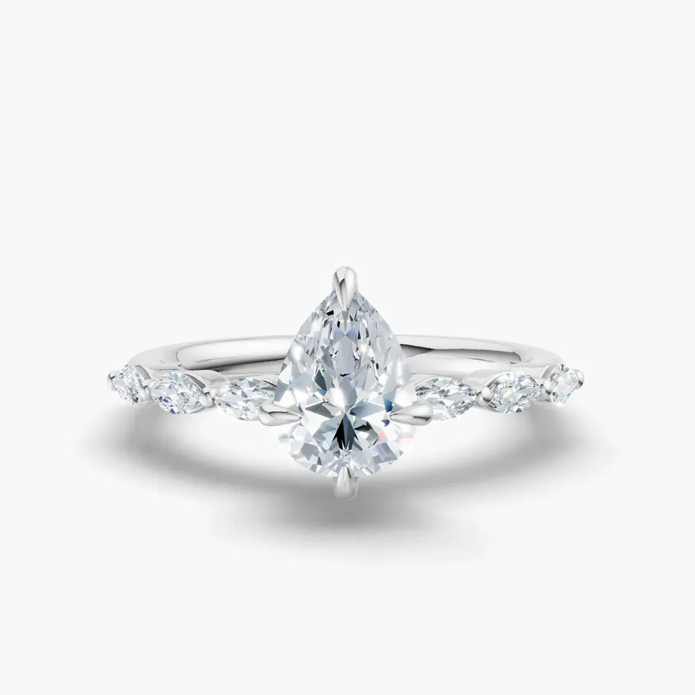 Certified 1 carat Lab Grown Diamond Pear Cut Side Stone Engagement Ring in 14K White Gold-Garo