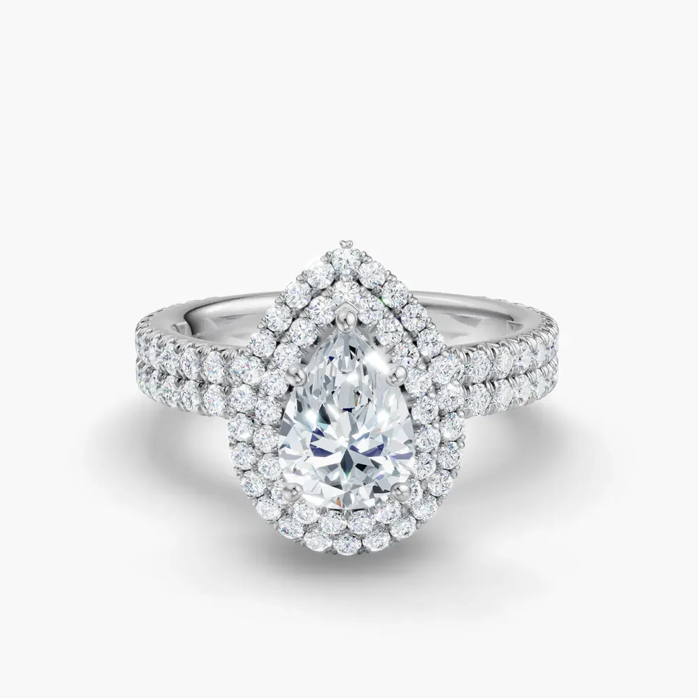 Certified 1 carat Lab Grown Diamond Pear Cut Pavé, Halo, Hidden Halo Engagement Ring in 14K White Gold-Caela