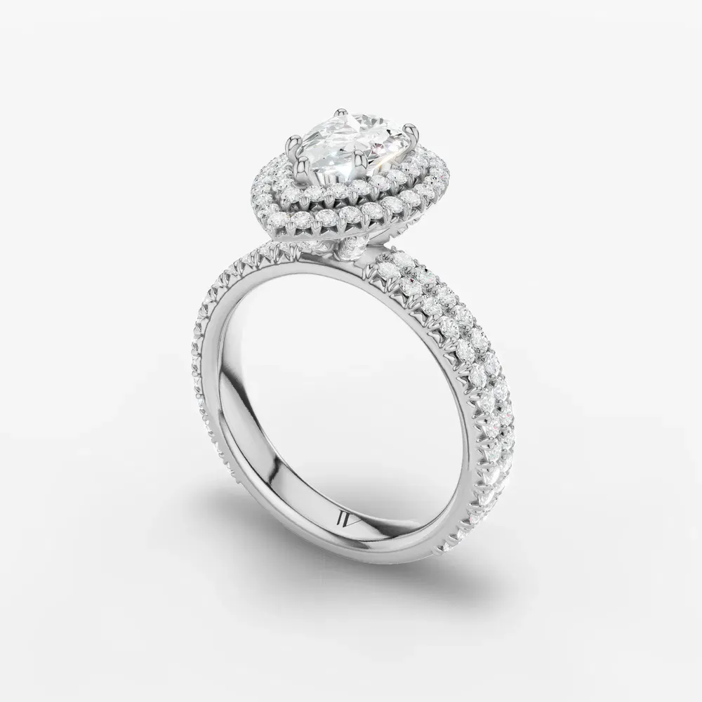 Certified 1 carat Lab Grown Diamond Pear Cut Pavé, Halo, Hidden Halo Engagement Ring in 14K White Gold-Caela