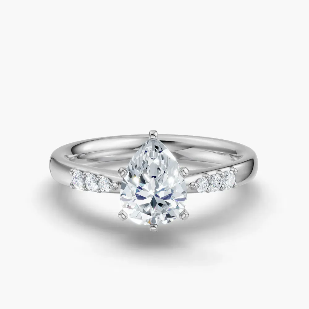 Certified 1 carat Lab Grown Diamond Pear Cut Side Stone Engagement Ring in 14K White Gold-Jubatu