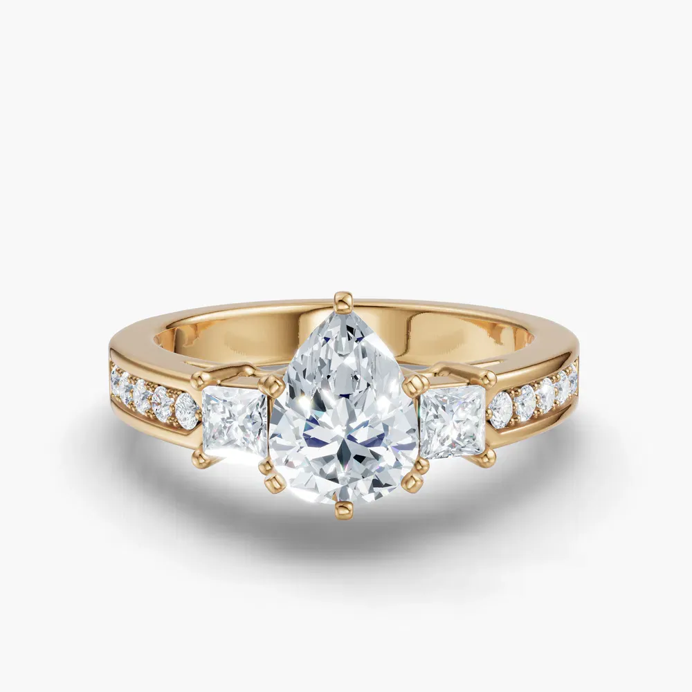 Certified 1 carat Lab Grown Diamond Pear Cut Three Stone, Pavé, Channel Set Engagement Ring in 14K Yellow Gold-Velis