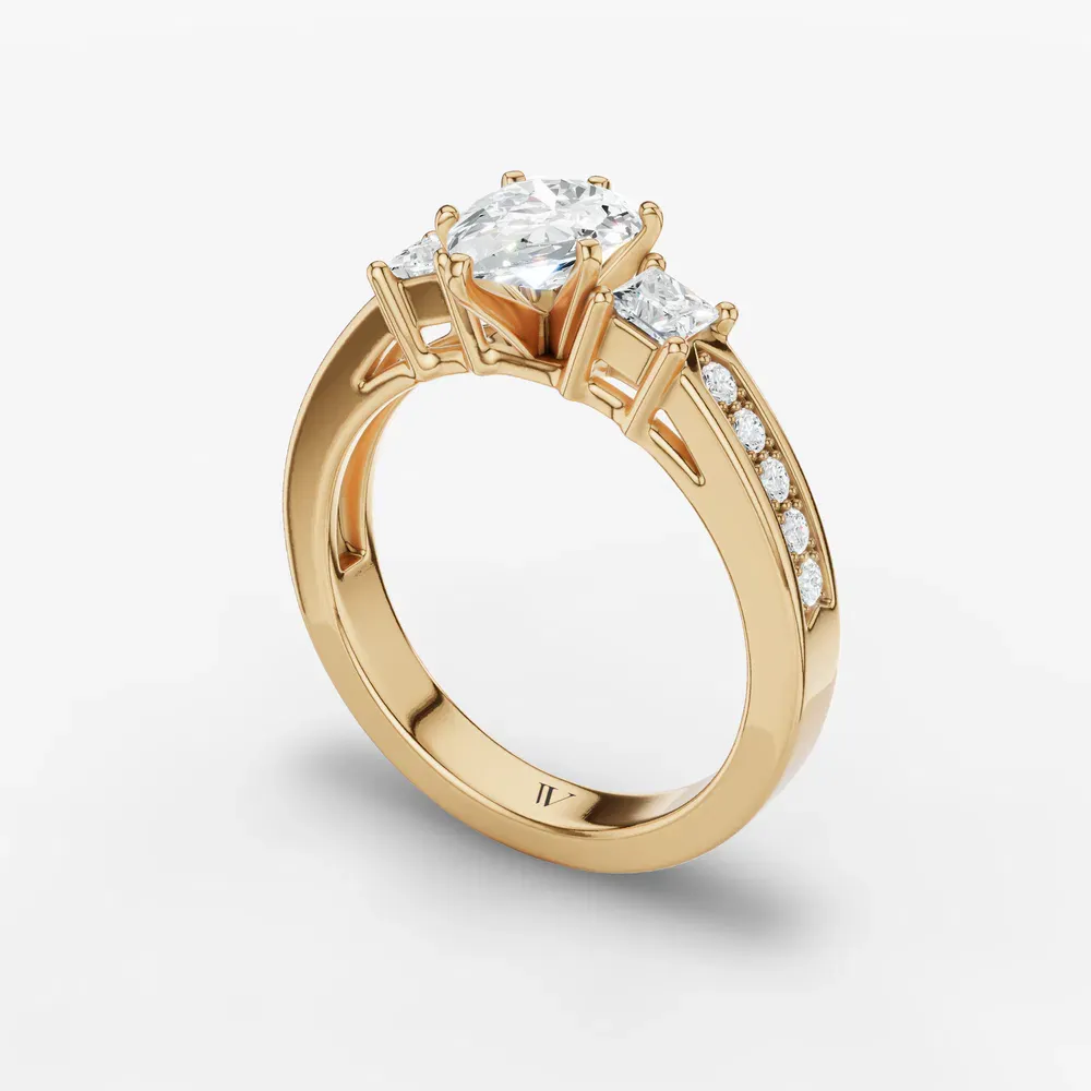 Certified 1 carat Lab Grown Diamond Pear Cut Three Stone, Pavé, Channel Set Engagement Ring in 14K Yellow Gold-Velis
