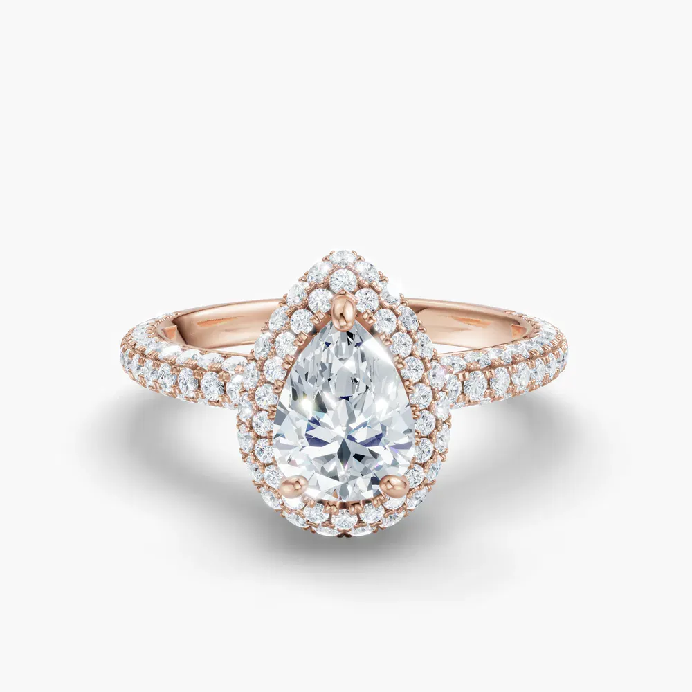 Certified 1 carat Lab Grown Diamond Pear Cut Pavé, Halo, Hidden Halo Engagement Ring in 14K Rose Gold-Brym