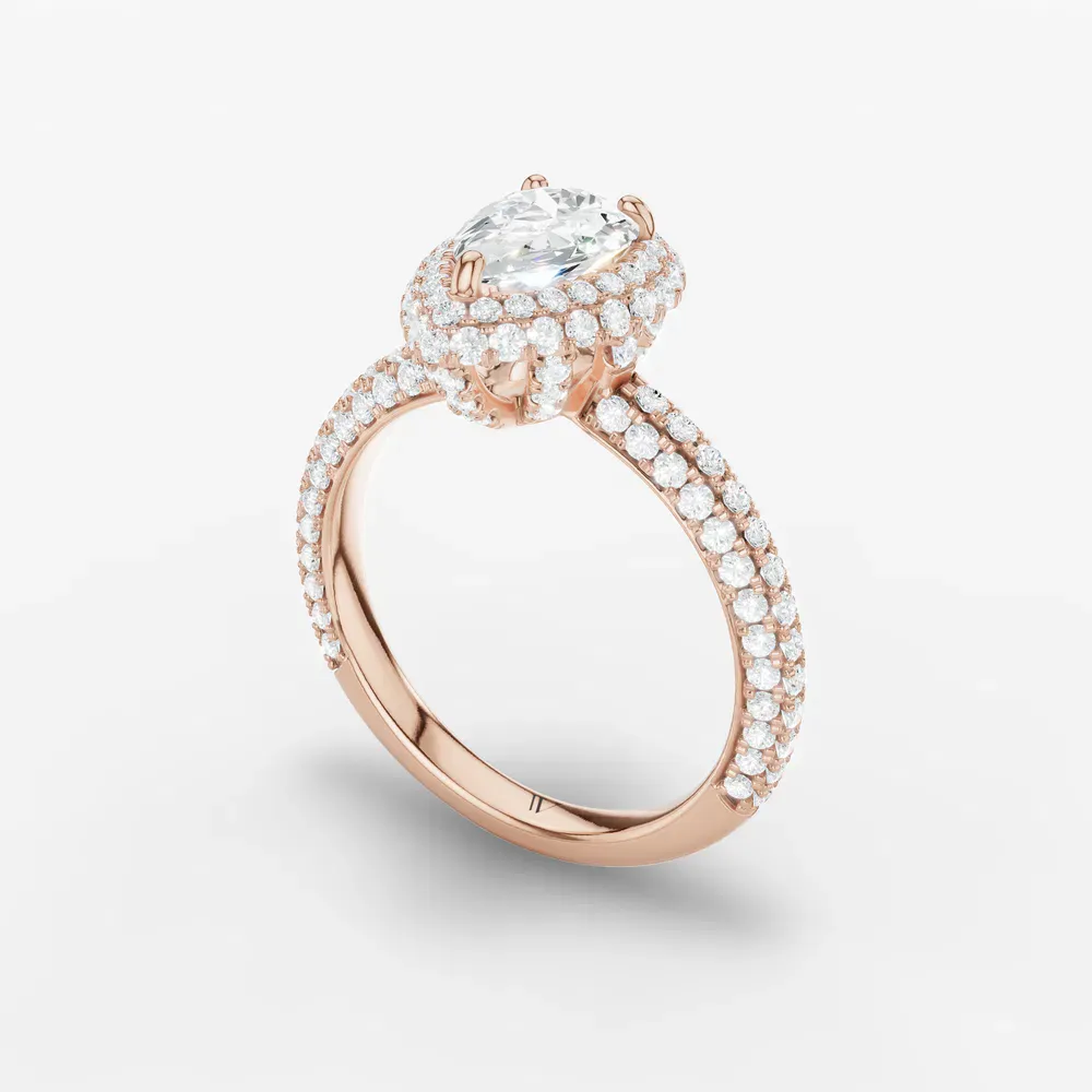 Certified 1 carat Lab Grown Diamond Pear Cut Pavé, Halo, Hidden Halo Engagement Ring in 14K Rose Gold-Brym