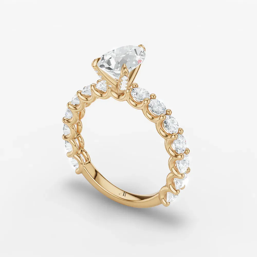 Certified 1 carat Lab Grown Diamond Pear Cut Hidden Halo, Side Stone Engagement Ring in 14K Yellow Gold-Miro