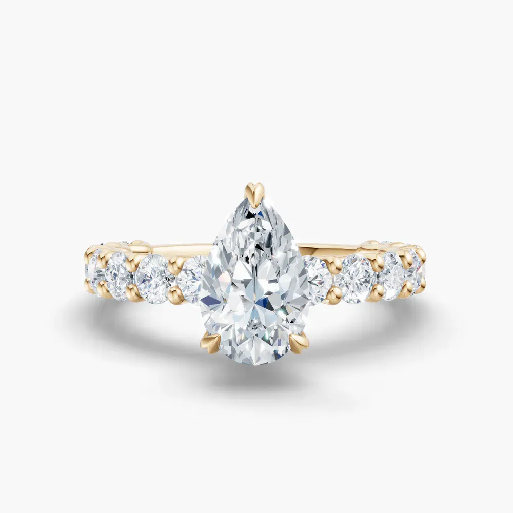 Certified 1 carat Lab Grown Diamond Pear Cut Hidden Halo, Side Stone Engagement Ring in 14K Yellow Gold-Miro