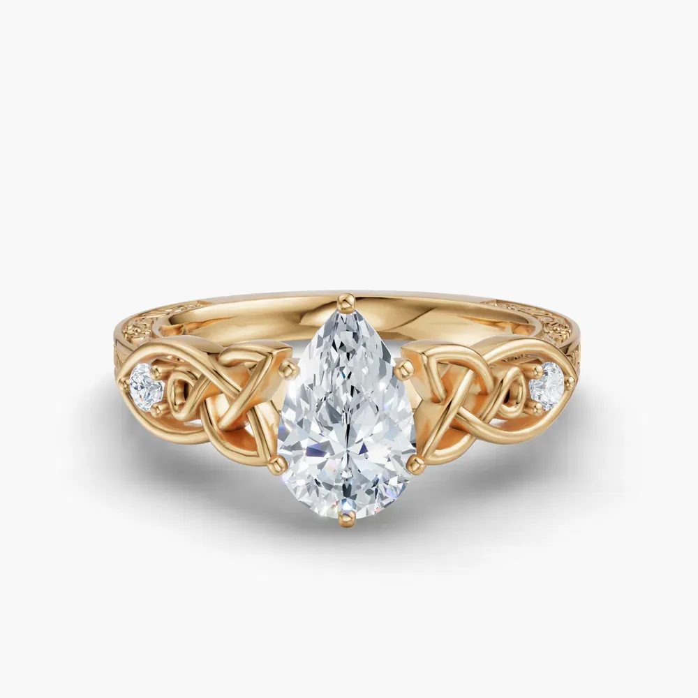 Certified 1 carat Lab Grown Diamond Pear Cut Vintage, Cathedral, Unique Engagement Ring in 14K Yellow Gold-Kael