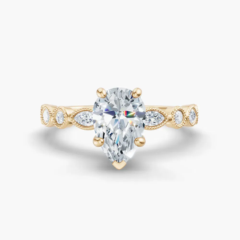 Certified 1 carat Lab Grown Diamond Pear Cut Vintage, Milgrain, Side Stone Engagement Ring in 14K Yellow Gold-Sior