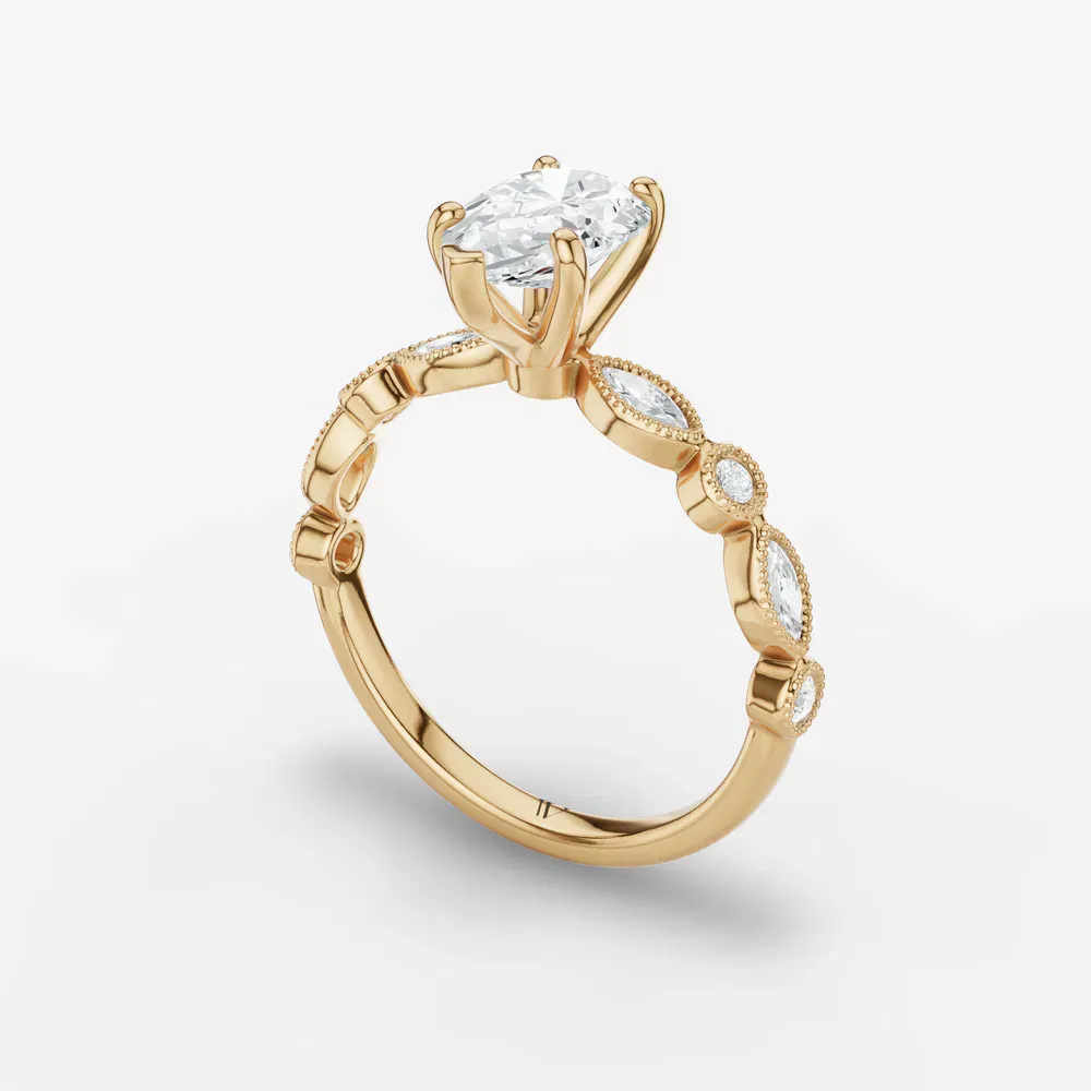 Certified 1 carat Lab Grown Diamond Pear Cut Vintage, Milgrain, Side Stone Engagement Ring in 14K Yellow Gold-Sior