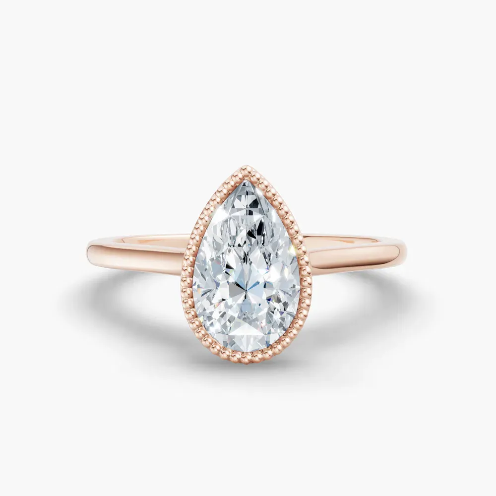 Certified 1 carat Lab Grown Diamond Pear Cut Solitaire, Milgrain, Cathedral Engagement Ring in 14K Rose Gold-Firen