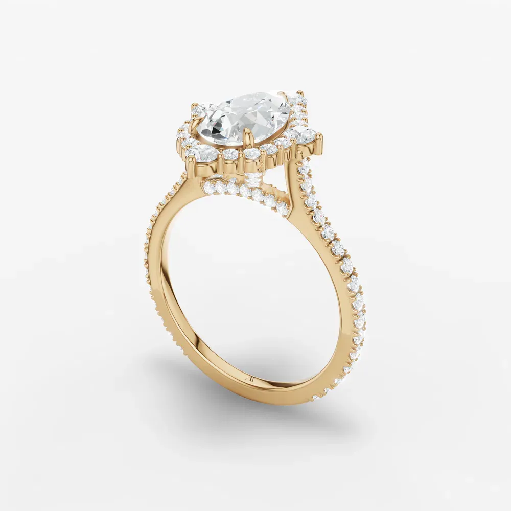 Certified 1 carat Lab Grown Diamond Pear Cut Hidden Halo, Halo, Cathedral Engagement Ring in 14K Yellow Gold-Cylen
