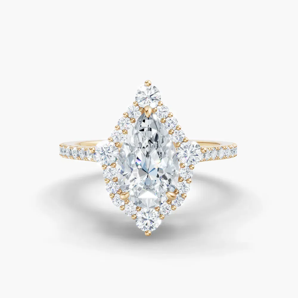 Certified 1 carat Lab Grown Diamond Pear Cut Hidden Halo, Halo, Cathedral Engagement Ring in 14K Yellow Gold-Cylen
