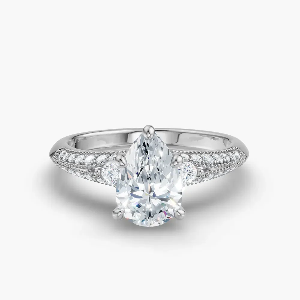 Certified 1 carat Lab Grown Diamond Pear Cut Milgrain, Three Stone, Pavé Engagement Ring in 14K White Gold-Avery