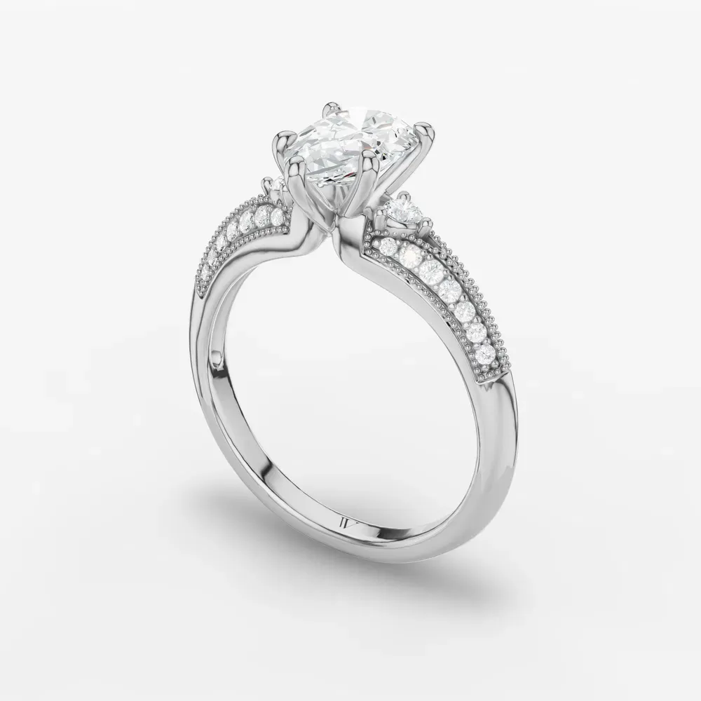 Certified 1 carat Lab Grown Diamond Pear Cut Milgrain, Three Stone, Pavé Engagement Ring in 14K White Gold-Avery