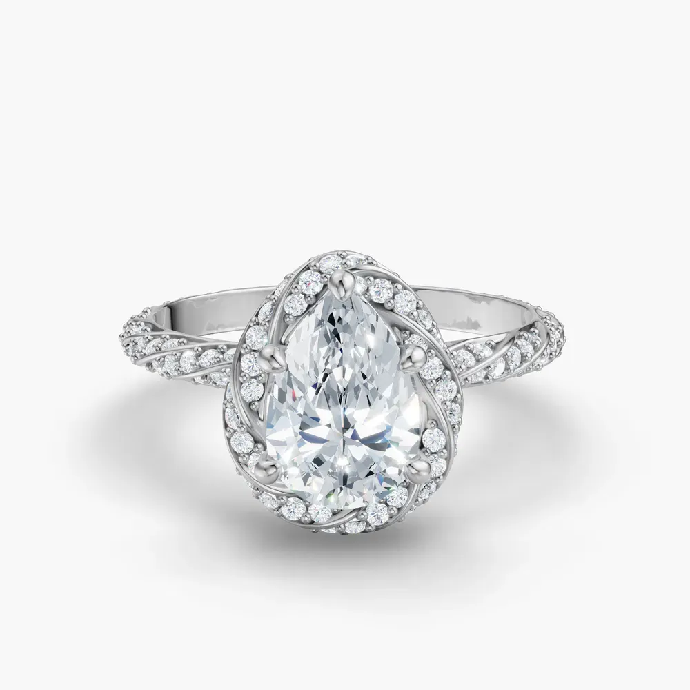 Certified 1 carat Lab Grown Diamond Pear Cut Halo, Floral, Twist Engagement Ring in 14K White Gold-Moxl