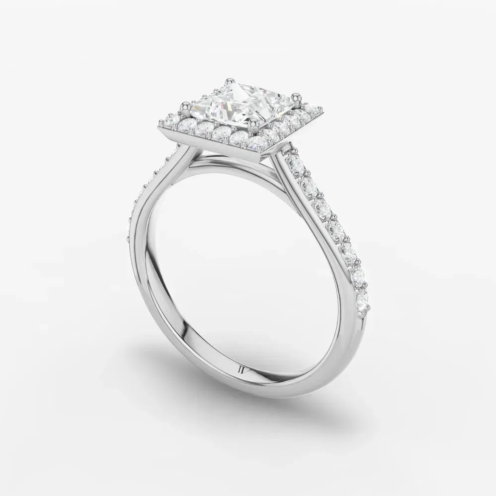 Certified 1 carat Lab Grown Diamond Princess Cut Pavé, Halo, Cathedral Engagement Ring in 14K White Gold-Kvolt