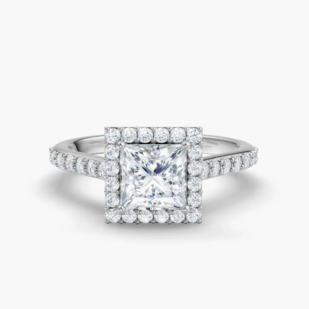 Certified 1 carat Lab Grown Diamond Princess Cut Pavé, Halo, Cathedral Engagement Ring in 14K White Gold-Kvolt
