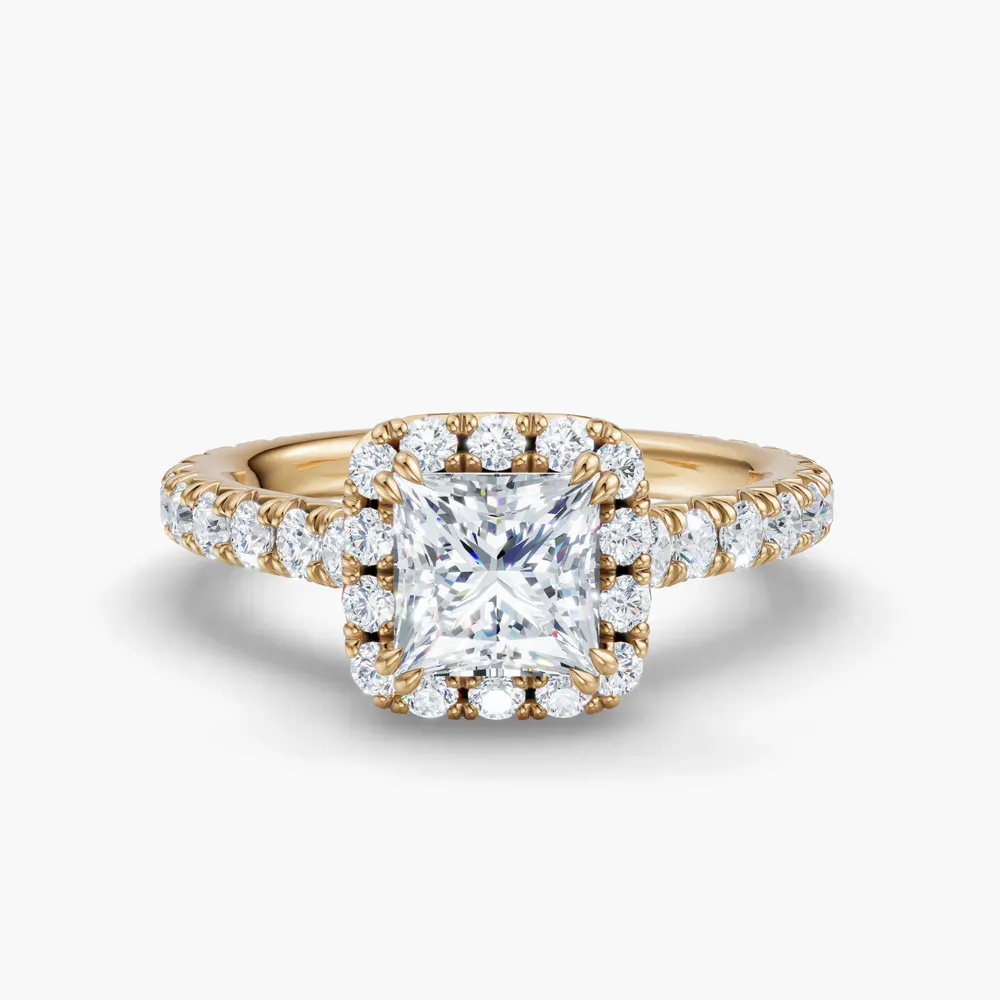 Certified 1 carat Lab Grown Diamond Princess Cut Cathedral, Pavé, Halo Engagement Ring in 14K Yellow Gold-Zaria