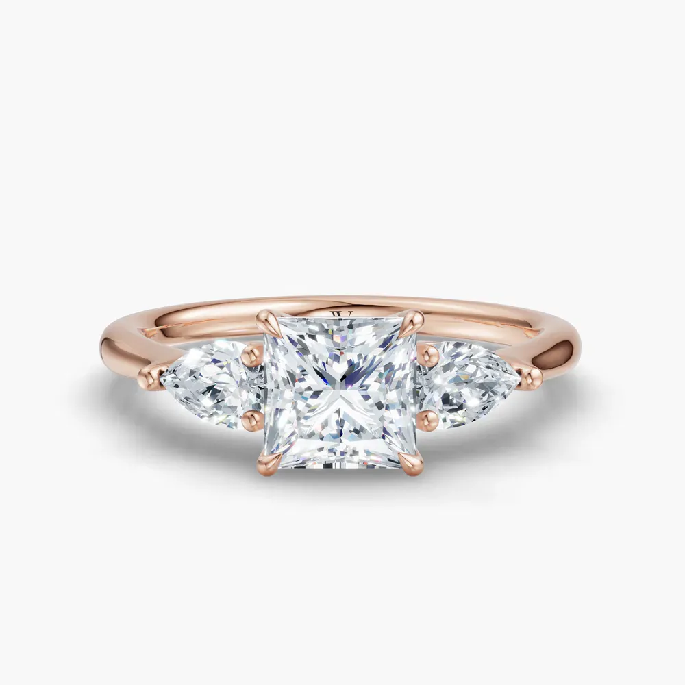 Certified 1 carat Lab Grown Diamond Princess Cut Three Stone, Side Stone, Low profile Engagement Ring in 14K Rose Gold-Hailu
