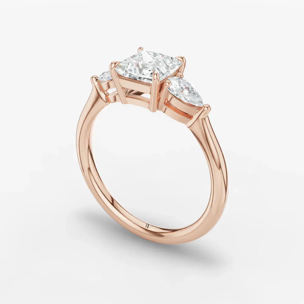 Certified 1 carat Lab Grown Diamond Princess Cut Three Stone, Side Stone, Low profile Engagement Ring in 14K Rose Gold-Hailu