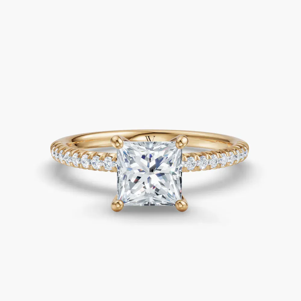 Certified 1 carat Lab Grown Diamond Princess Cut Pavé, Classic, Simple Engagement Ring in 14K Yellow Gold-Glaciry