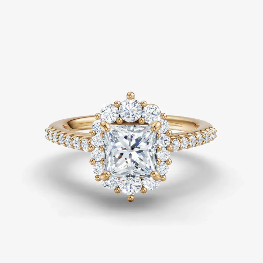 Certified 1 carat Lab Grown Diamond Princess Cut Pavé, Halo, Cathedral Engagement Ring in 14K Yellow Gold-Mirey