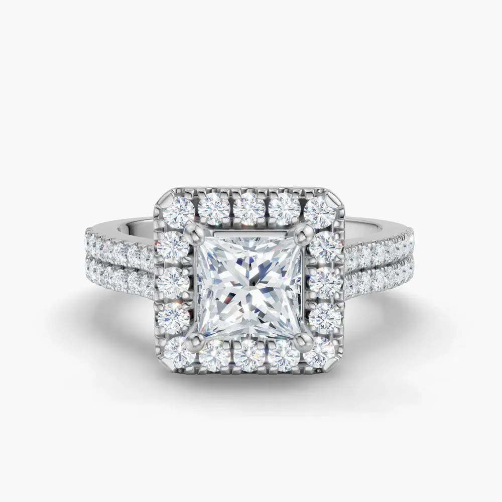 Certified 1 carat Lab Grown Diamond Princess Cut Pavé, Halo, Cathedral Engagement Ring in 14K White Gold-Maelis