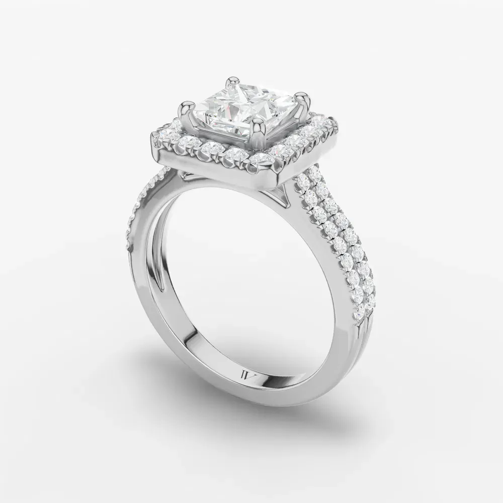 Certified 1 carat Lab Grown Diamond Princess Cut Pavé, Halo, Cathedral Engagement Ring in 14K White Gold-Maelis