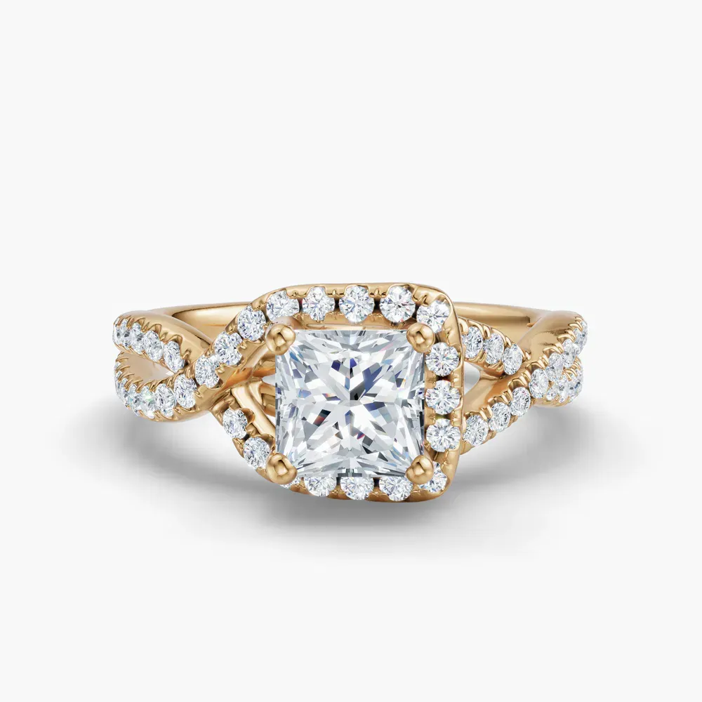 Certified 1 carat Lab Grown Diamond Princess Cut Unique, Pavé, Halo Engagement Ring in 14K Yellow Gold-Stellune