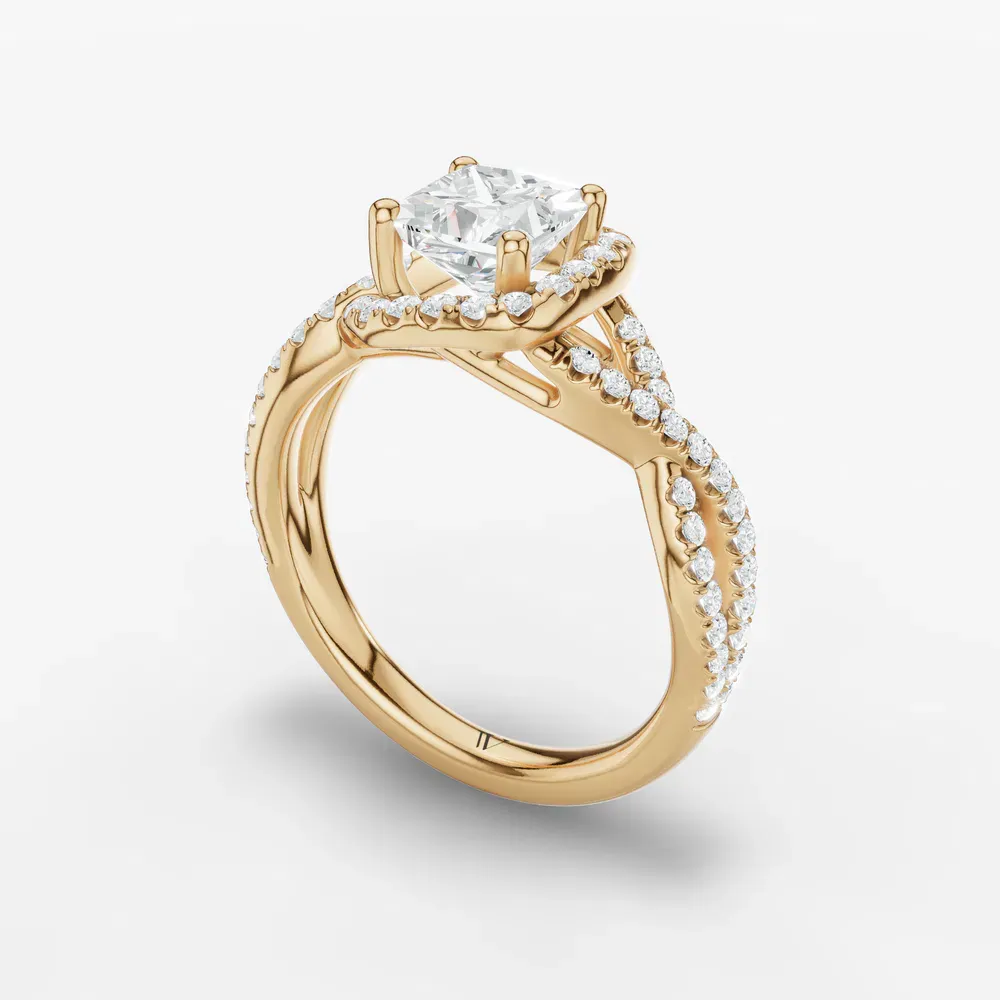 Certified 1 carat Lab Grown Diamond Princess Cut Unique, Pavé, Halo Engagement Ring in 14K Yellow Gold-Stellune