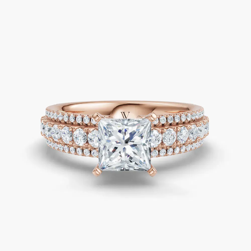 Certified 1 carat Lab Grown Diamond Princess Cut Pavé Engagement Ring in 14K Rose Gold-Riven