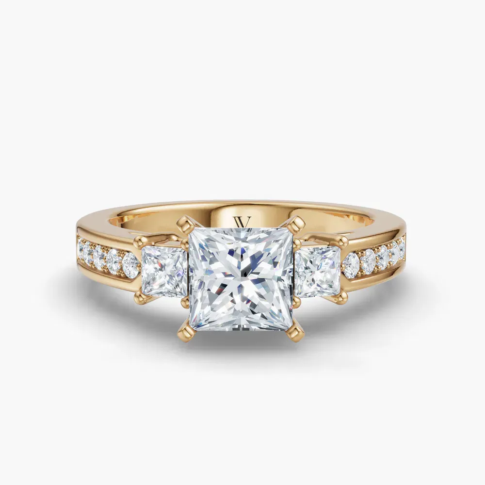 Certified 1 carat Lab Grown Diamond Princess Cut Three Stone, Pavé, Channel Set Engagement Ring in 14K Yellow Gold-Velis