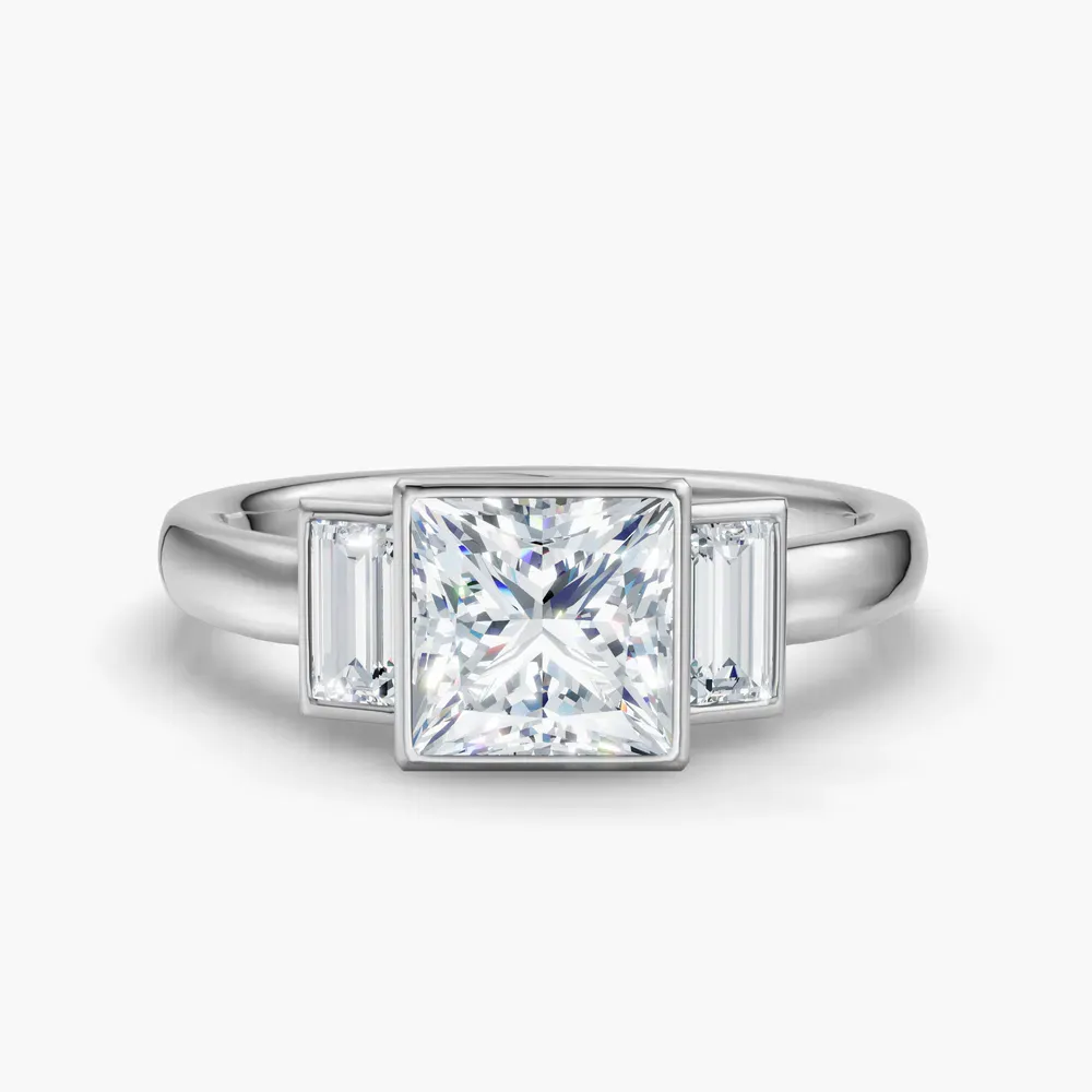 Certified 1 carat Lab Grown Diamond Princess Cut Three Stone, Bezel, Baguette Engagement Ring in 14K White Gold-Kine