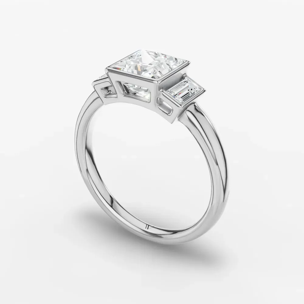 Certified 1 carat Lab Grown Diamond Princess Cut Three Stone, Bezel, Baguette Engagement Ring in 14K White Gold-Kine