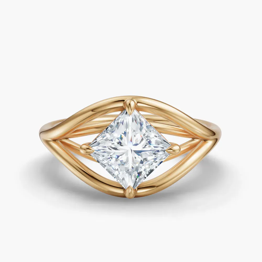 Certified 1 carat Lab Grown Diamond Princess Cut Solitaire, Split Shank, Modern Engagement Ring in 14K Yellow Gold-Kira