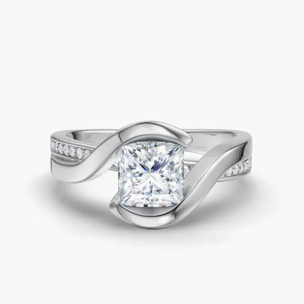 Certified 1 carat Lab Grown Diamond Princess Cut Bezel, Modern, Split Shank Engagement Ring in 14K White Gold-Elara