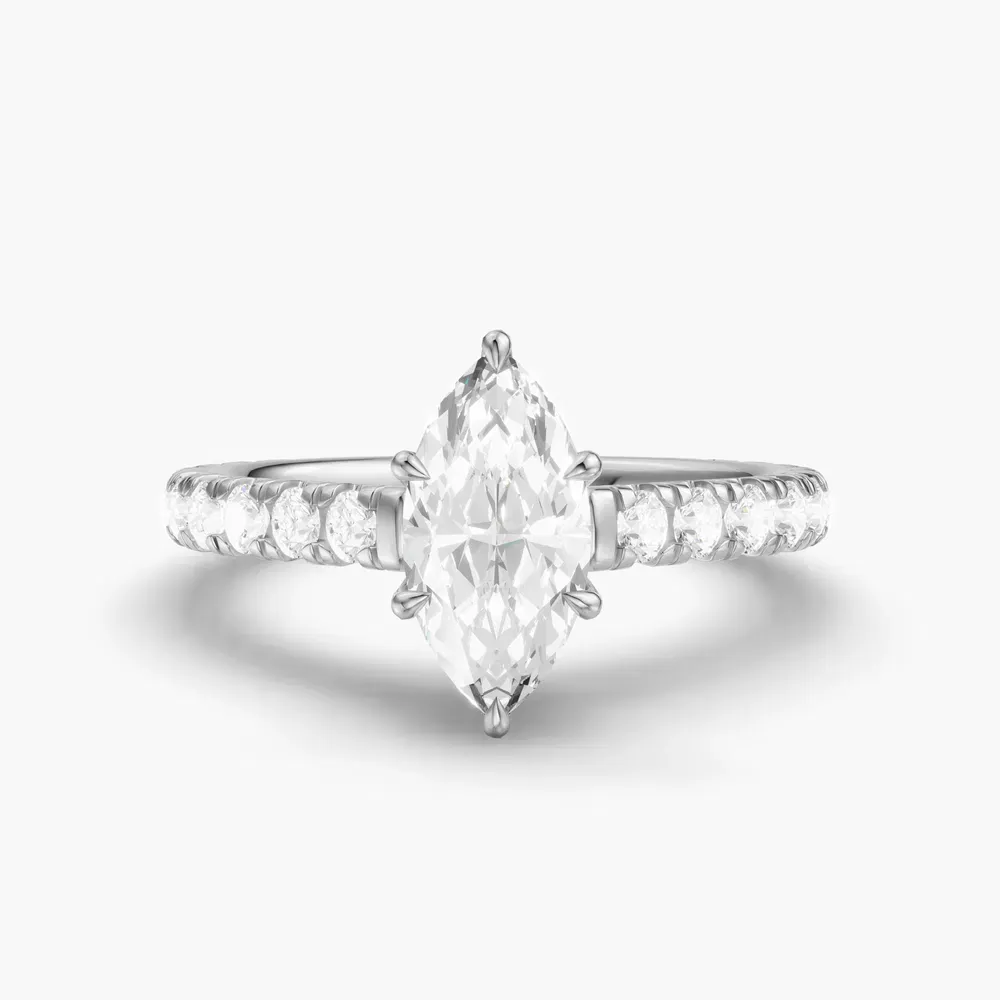 Certified 1 carat Lab Grown Diamond Marquise Cut Pavé, Cathedral, Low profile Engagement Ring in Platinum-Isuo
