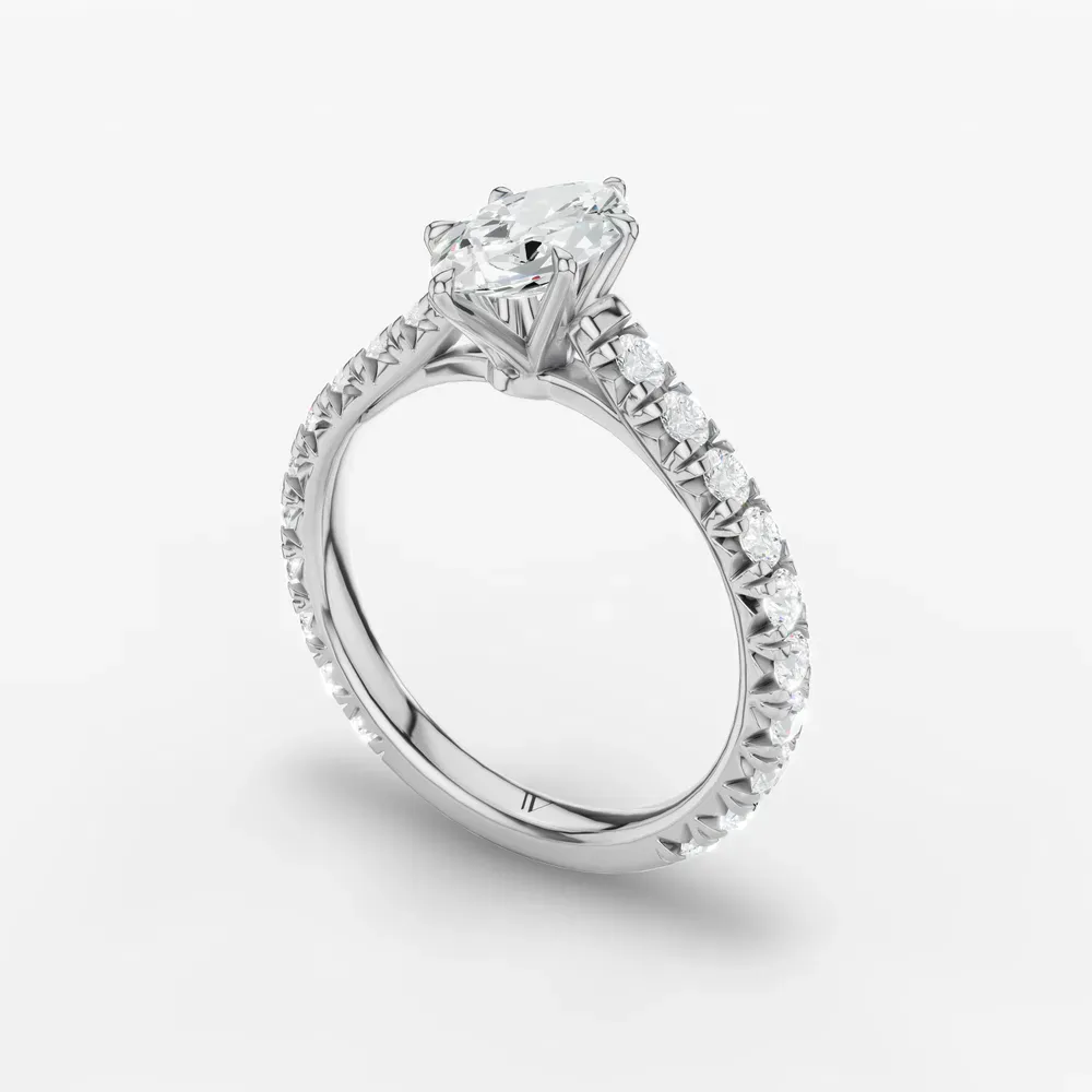 Certified 1 carat Lab Grown Diamond Marquise Cut Pavé, Cathedral, Low profile Engagement Ring in Platinum-Isuo