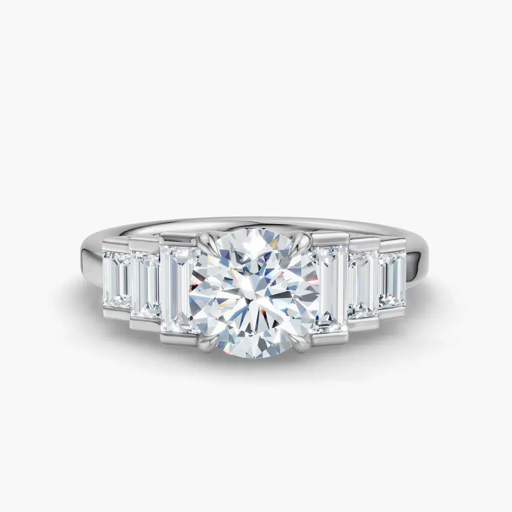 Certified 1 carat Lab Grown Diamond Round Cut Baguette, Art Deco, Four Prong Engagement Ring in Platinum-Zepy